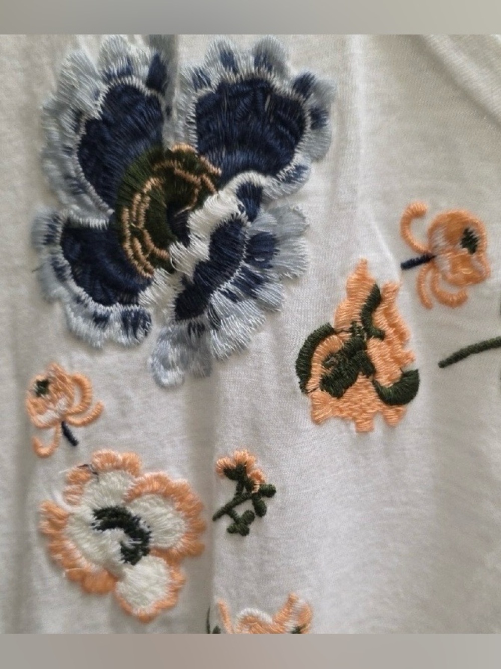 LOFT White Deep Scoop Neck Tee with Blue and Peach Floral Embroidery S - Picture 2 of 6